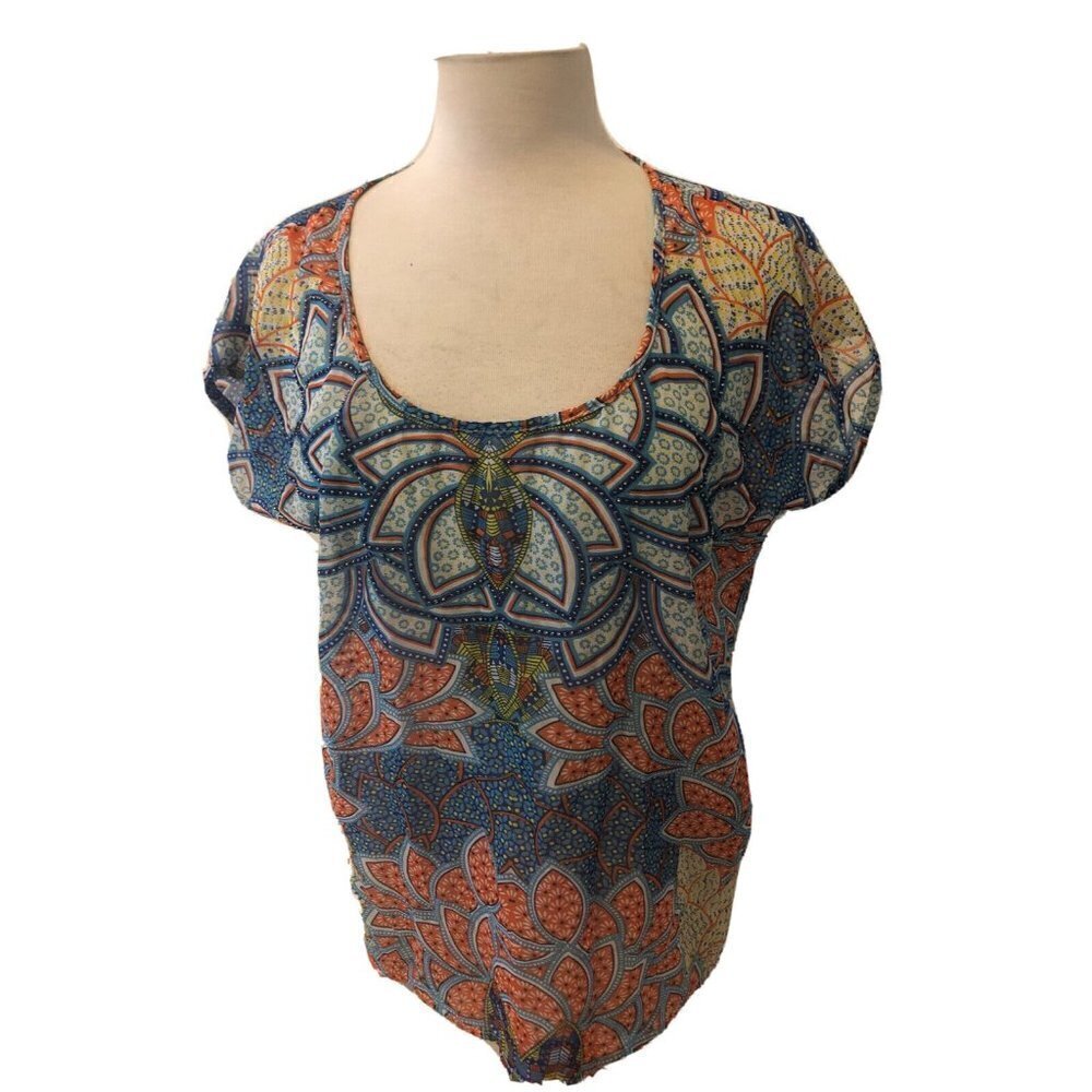 Daytrip Colorful Geometric beaded ruched back sheer top cap sleeves size small